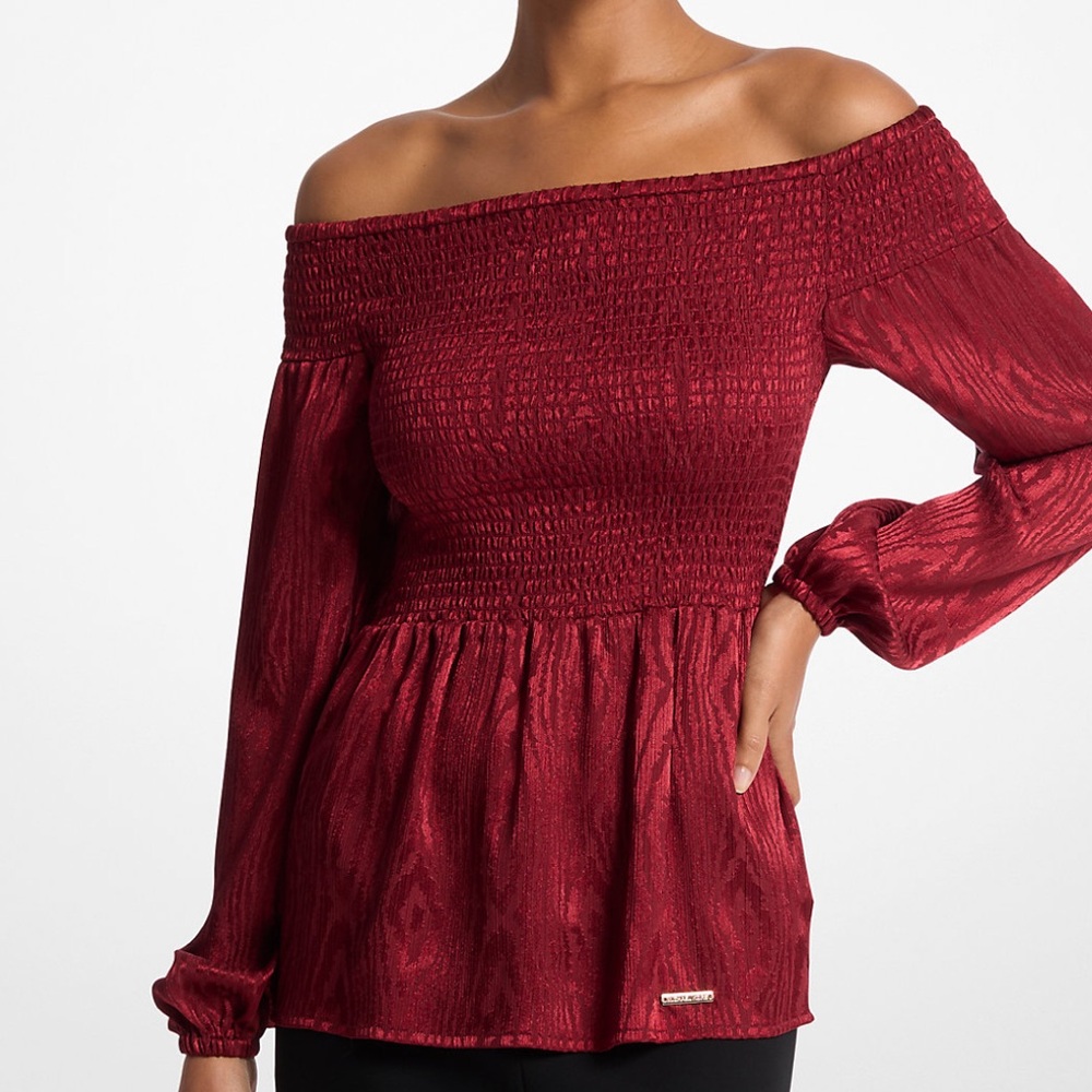 Smocked Moiré Jacquard Off-The-Shoulder Top